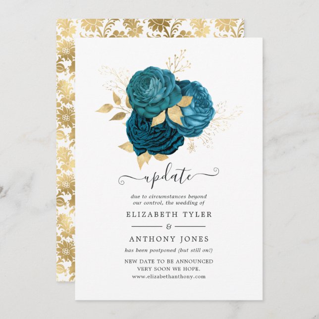 Turquoise - Teal and Gold Floral Wedding Update Invitation (Front/Back)