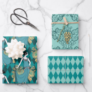 Turquoise - Teal and Gold Paris Art Deco Wine Wrapping Paper Sheet