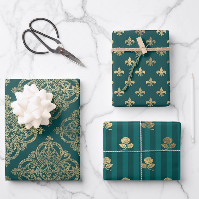 Turquoise - Teal and Gold Paris Wrapping Paper Sheet (Front)