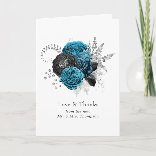 Turquoise - Teal Black and Silver Floral Wedding Thank You Card (Front)