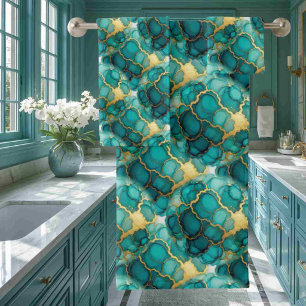 Turquoise Teal Blue and Gold Alcohol Ink Marble Bath Towel Set