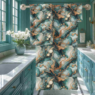 Turquoise Teal Blue and Gold Alcohol Ink Marble Bath Towel Set