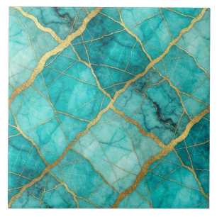 Turquoise Teal Blue and Gold Marble Tile