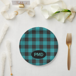 Turquoise Teal Blue Black Buffalo Plaid Monogram Paper Plate