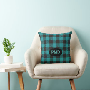 Turquoise Teal Blue Black Buffalo Plaid Monogram Throw Pillow