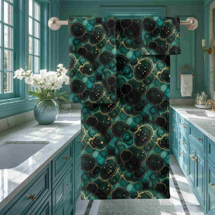 Turquoise Teal Blue Black Gold Alcohol Ink Marble Bath Towel Set