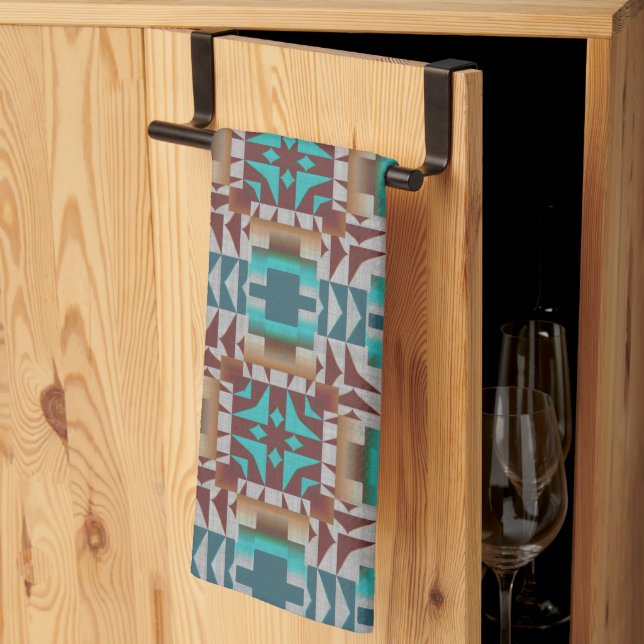 Turquoise Teal Blue Dark Red Brown Grey Tribal Art Kitchen Towel (Thirds Fold)