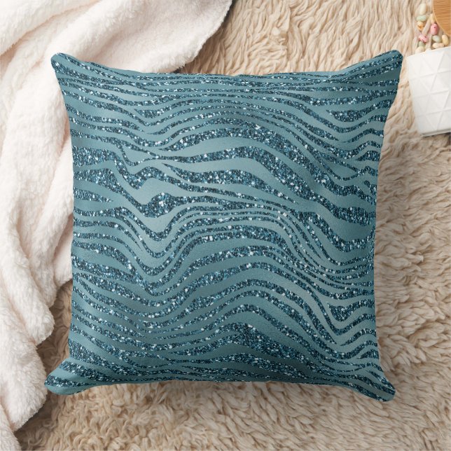 Turquoise Teal Blue Glitter Zebra Print          Throw Pillow (Blanket)