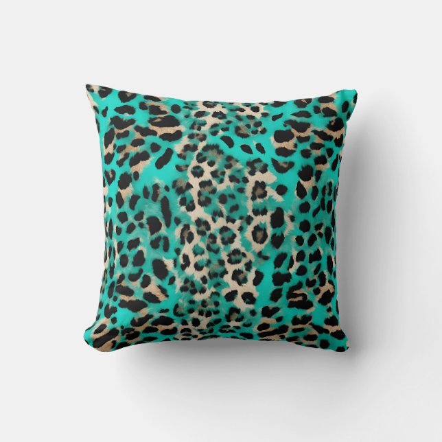Turquoise Teal Blue Leopard Print Throw Pillow (Front)
