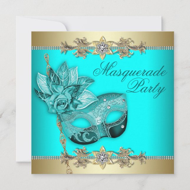 Turquoise Teal Blue Masquerade Party Invitations (Front)