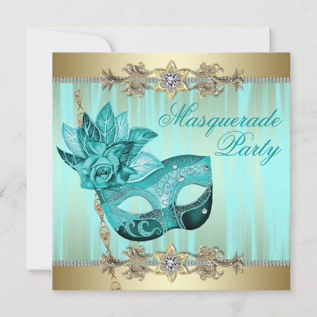 Turquoise Teal Blue Masquerade Party Invitations (Front)