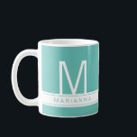 Turquoise Teal Blue Modern Monogram and Name Coffee Mug<br><div class="desc">Modern and minimalist solid colour teal, turquoise blue colour block mug with custom monogram or initial and name or wording. –– Change fonts and stripe or text colours by clicking CUSTOMIZE.</div>