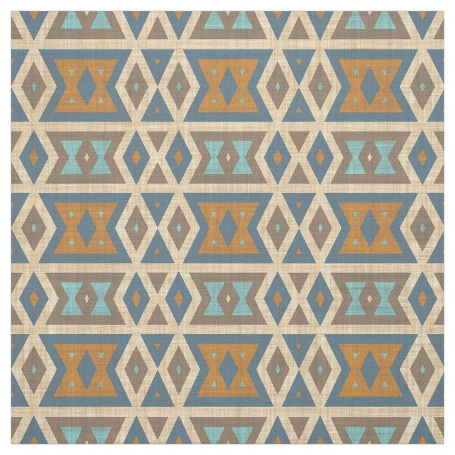 Turquoise Teal Blue Orange Aztec Mosaic Pattern Fabric (Swatch)