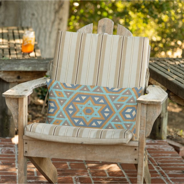 Turquoise Teal Blue Taupe Rust Brown Tribal Art Lumbar Pillow (Chair)