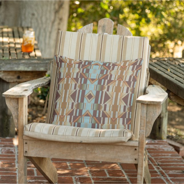 Turquoise Teal Blue Terracotta Brown Tribal Art Outdoor Pillow (Chair)