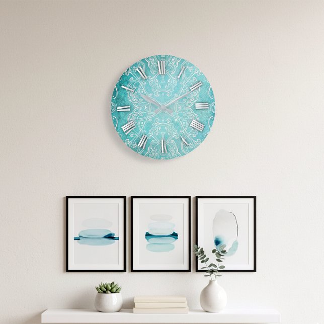 Turquoise Teal Classic Baroque Elegant Distressed  Large Clock (Creator Uploaded)