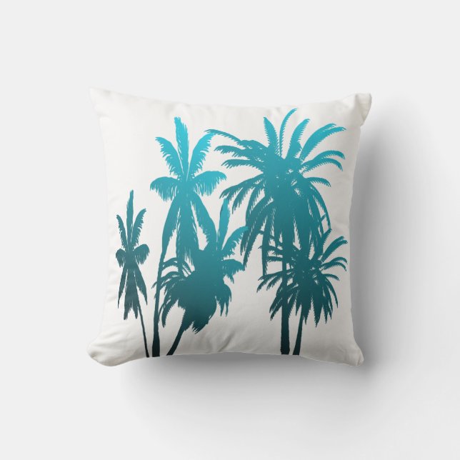 Turquoise Teal Fade Palm Trees Tropical Sunset Outdoor Pillow (Front)
