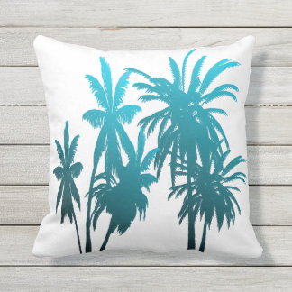 Turquoise Teal Fade Palm Trees Tropical Sunset Outdoor Pillow