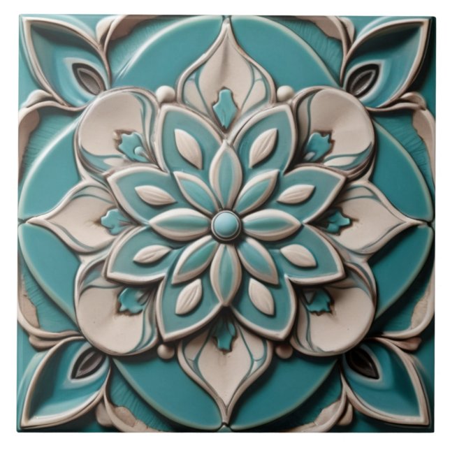 Turquoise Teal Faux Relief Floral Flower Aqua Blue Tile (Front)