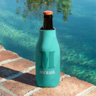 Turquoise teal geometric mesh pattern Monogram Bottle Cooler
