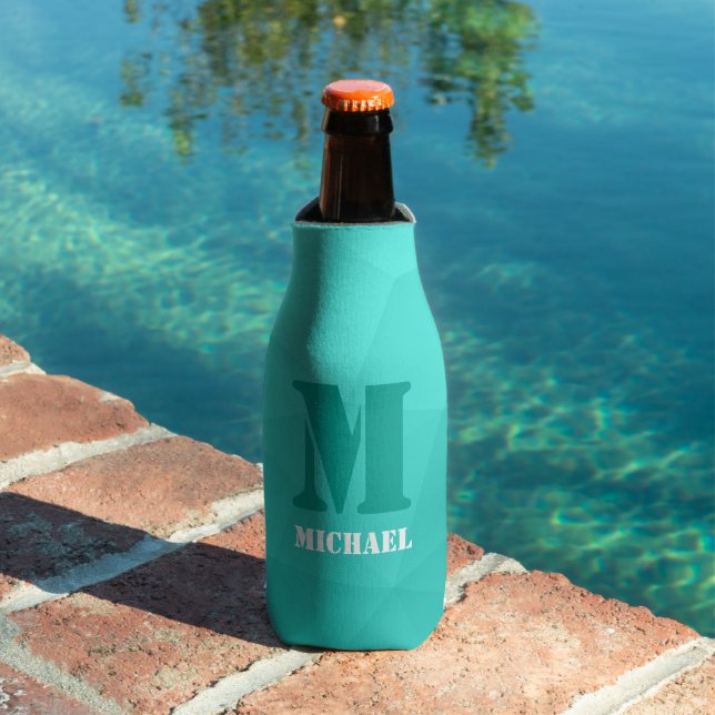 Turquoise teal geometric mesh pattern Monogram Bottle Cooler (In Situ Pool)