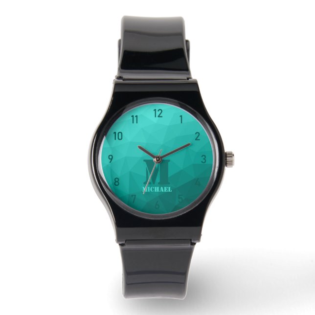 Turquoise teal geometric mesh pattern Monogram Watch (Front)