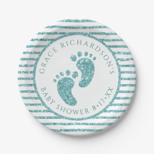 Turquoise Teal Glitter Baby Shower Footprint Party Paper Plate