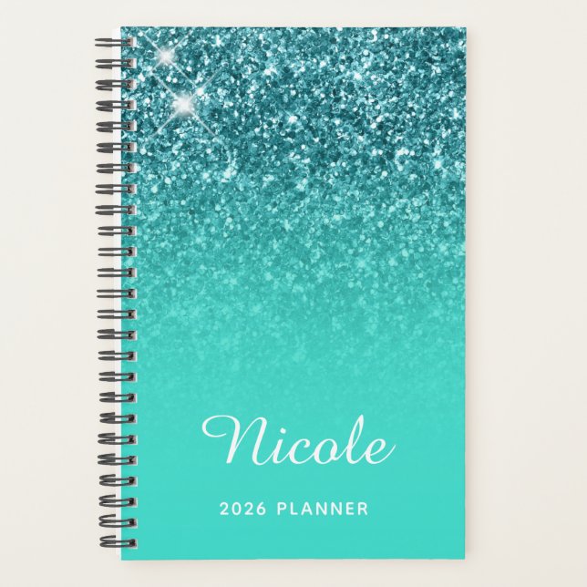 Turquoise Teal Glitter Ombre Personalized Planner (Front)