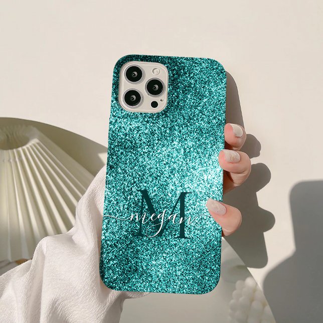 Turquoise Teal Glitter Sparkle Custom Monogram  Case-Mate iPhone Case (Creator Uploaded)