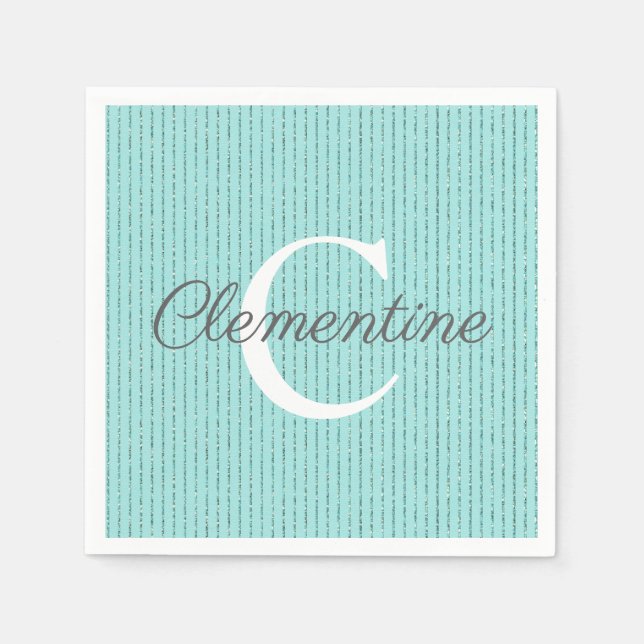Turquoise Teal Glitter Stripes Girly Monogram Napkin (Front)