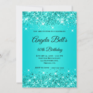 Turquoise Teal Glittery Ombre Fancy Monogram Invitation