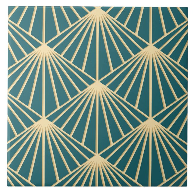 Turquoise Teal & Gold Art Deco Fan Pattern Diamond Tile (Front)