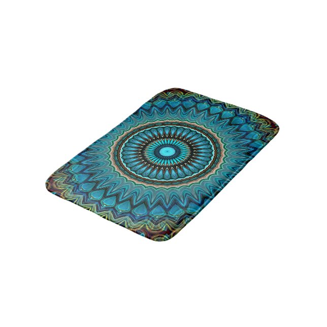 Turquoise Teal Green Mandala Round Star Pattern Bath Mat (Angled)