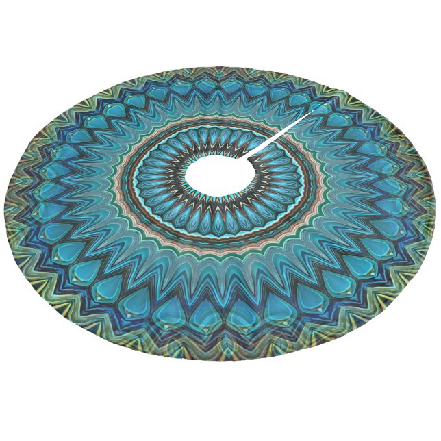 Turquoise Teal Green Mandala Round Star Pattern Fleece Tree Skirt (Angled)