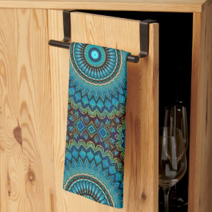 Turquoise Teal Green Mandala Round Star Pattern Kitchen Towel