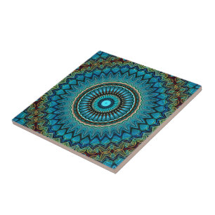 Turquoise Teal Green Mandala Round Star Pattern Tile