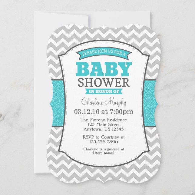 Turquoise Teal Grey Chevron Baby Shower Invitation (Front)