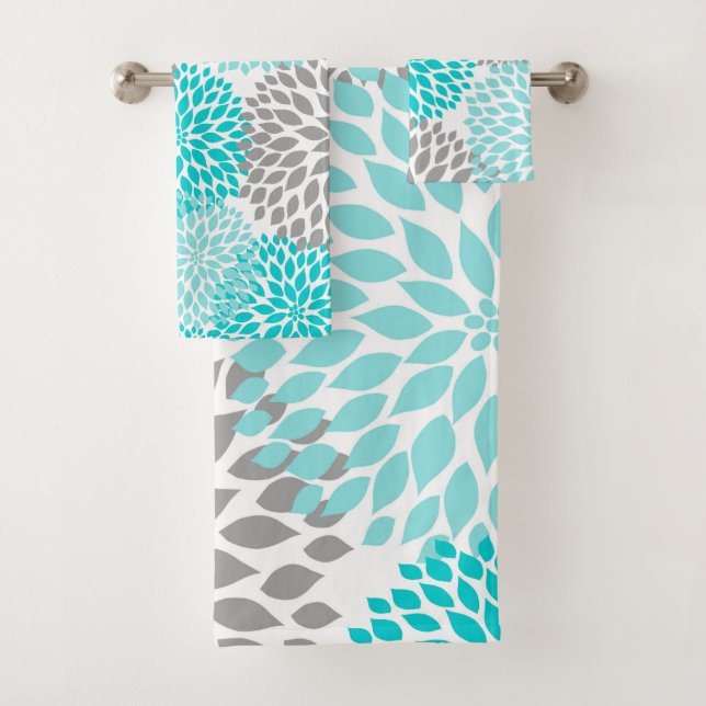 Turquoise Teal Grey dahlia floral bath decor Bath Towel Set (Insitu)