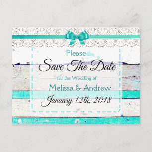 Turquoise Teal Grey Wood Save the Date Postcard