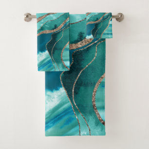 Turquoise Teal Marble Agate Gold Glitter Glam #1  Bath Towel Set