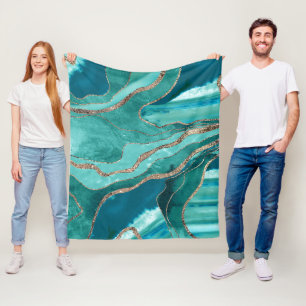 Turquoise Teal Marble Agate Gold Glitter Glam #1  Fleece Blanket