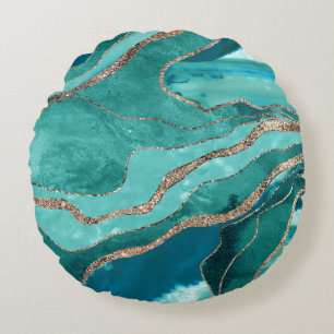 Turquoise Teal Marble Agate Gold Glitter Glam #1  Round Pillow