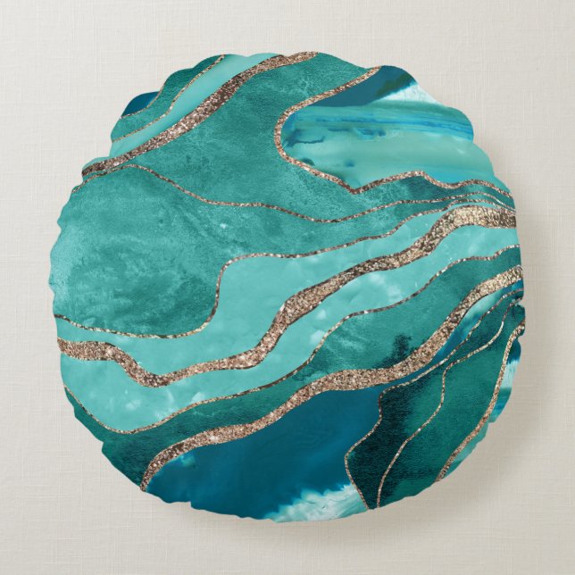 Turquoise Teal Marble Agate Gold Glitter Glam #1  Round Pillow (Front)