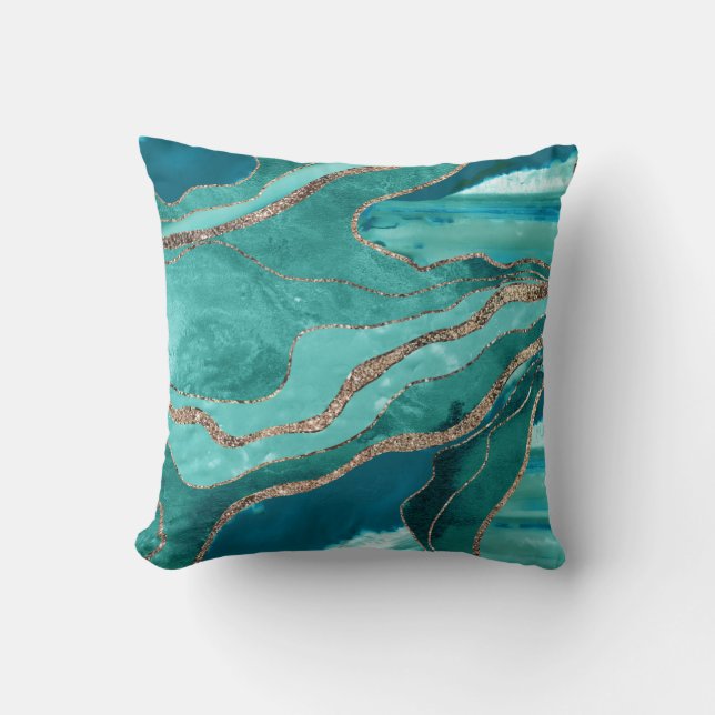 Turquoise Teal Marble Agate Gold Glitter Glam #1  Throw Pillow (Front)