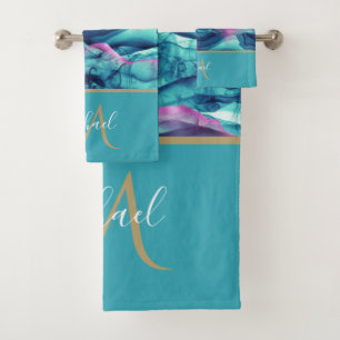 Turquoise Teal  Marble Agate & Monogram Bath Towel Set