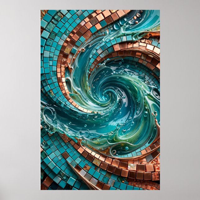Turquoise Teal Mosaic Wave Wall Art Poster (Front)