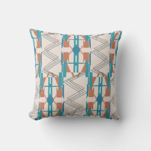 Turquoise Teal Orange Beige Large Zig-zag Mosaics  Throw Pillow