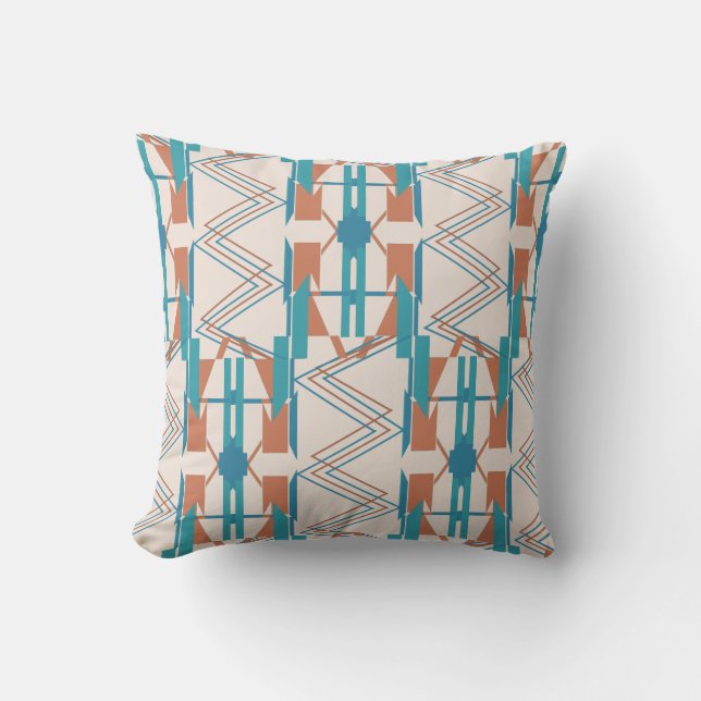 Turquoise Teal Orange Beige Large Zig-zag Mosaics  Throw Pillow (Front)