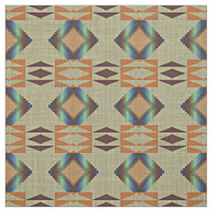 Turquoise Teal Orange Native Tribal Mosaic Pattern Fabric