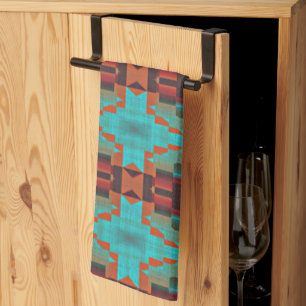 Turquoise Teal Orange Red Eclectic Ethnic Look Kitchen Towel